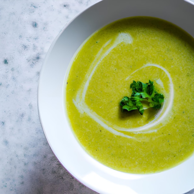 Sopa de crema de verduras verdes en un tazón blanco sobre un fondo de hormigón gris vista superior Puré de sopa vegana