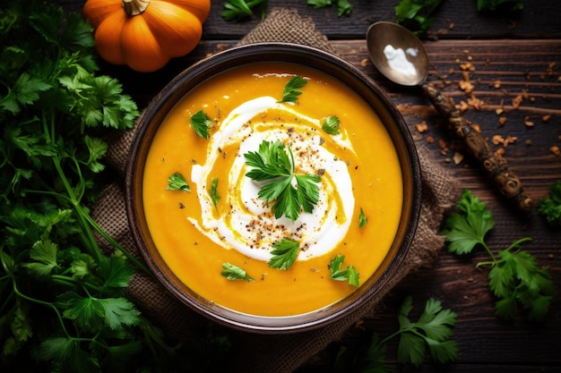 Sopa cremosa de calabaza y zanahoria con tadka adornada con perejil sobre un fondo de madera oscura top vie