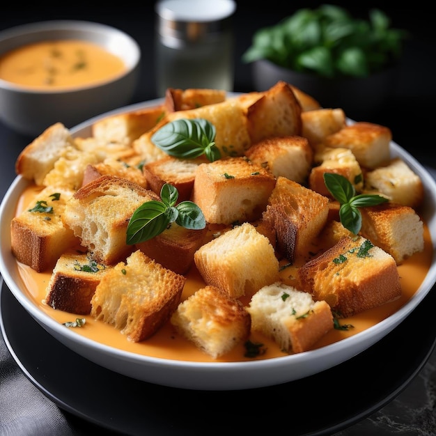 Sopa cremosa de cebolla con picatostes de tomate y guarnición de perejil