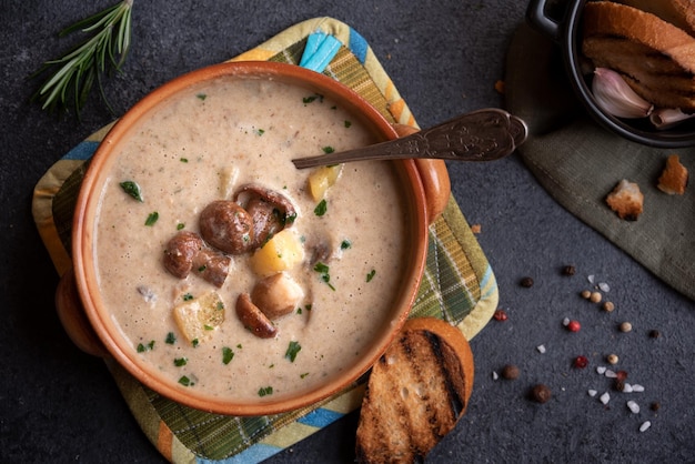 Sopa cremosa de champiñones porcini en un bol rústico