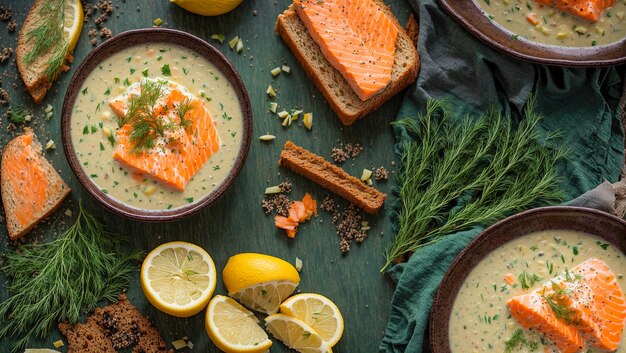 Sopa cremosa com pedaços de endro de limão e salmão sobre um fundo antigo