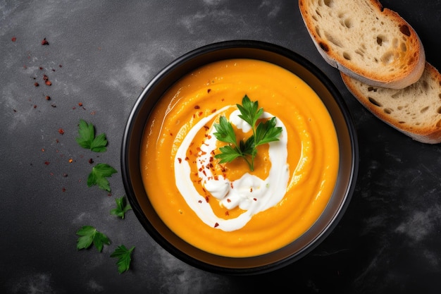 Sopa cremosa de abóbora e cenoura em um pano de fundo de pedra cinza