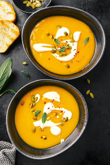 Sopa cremosa de abóbora servida em tigelas