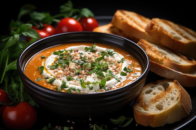 sopa cremosa de tomate decorada com um bocado de creme de leite e folhas frescas de manjericão geradas por IA