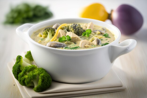 Sopa cremosa de pollo y brócoli sobre una mesa blanca