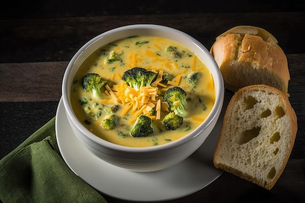 Sopa cremosa de queso cheddar y brócoli servida en un tazón con pan de queso tostado