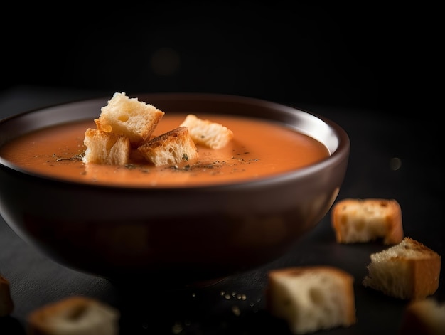 sopa cremosa de tomate en un bol con picatostes encima