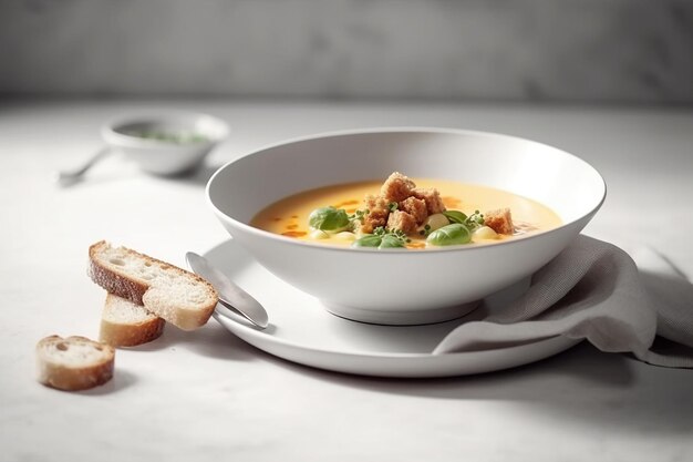 Foto sopa cremosa de verduras con crutones de pan en blanco