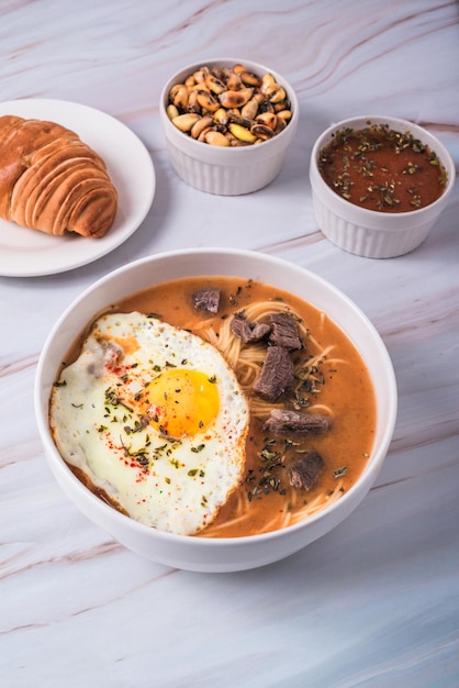 Foto sopa criolla tradicional con fideos, leche de carne y huevo frito por encima