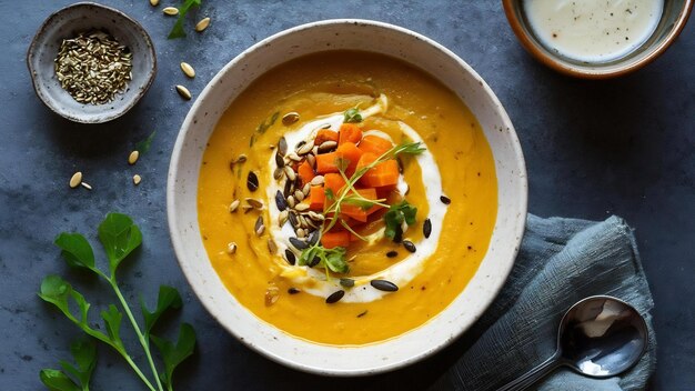 Sopa de abóbora assada e cenoura com sementes de creme e verde fresco em uma tigela de cerâmica