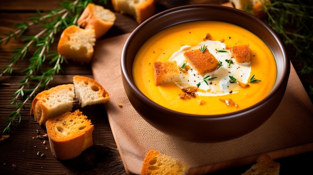 sopa de abóbora com queijo creme e salsa em uma mesa de madeira IA generativa