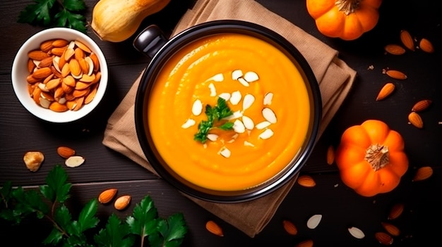 sopa de abóbora de ação de graças em uma mesa de madeira