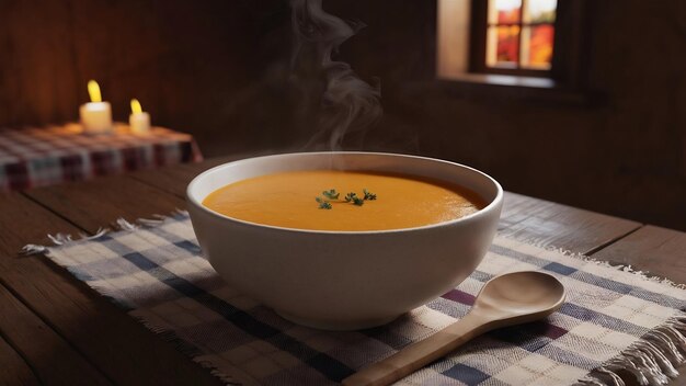 Sopa de abóbora numa tigela branca numa mesa de madeira