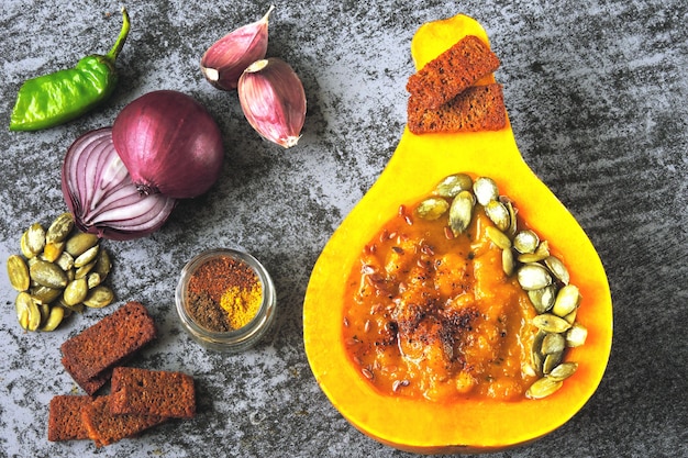 Sopa de abóbora purê de abóbora. Sopa de abóbora vegetariana de outono. Tigela de abóbora.