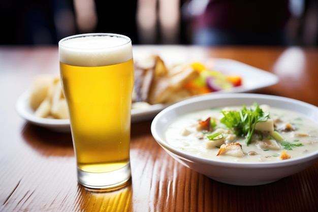 Foto sopa de amêijoas servida com uma cerveja fria ao lado