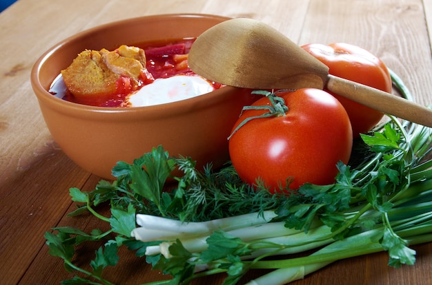 Sopa de beterraba ucraniana e russa (borscht) com alho e creme de leite