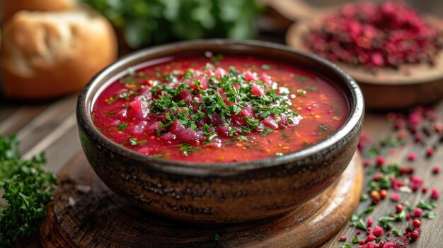 Sopa de Borscht russa Descançar dacha russa rústica sopa de borscht tradicional beterraba creme azedo decoração eslava atmosfera caseira