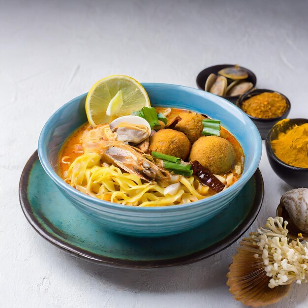 Sopa de camarão Laksa Sopa de camarão laksa em fundo preto vista de cima espaço de cópia comida asiática malaia