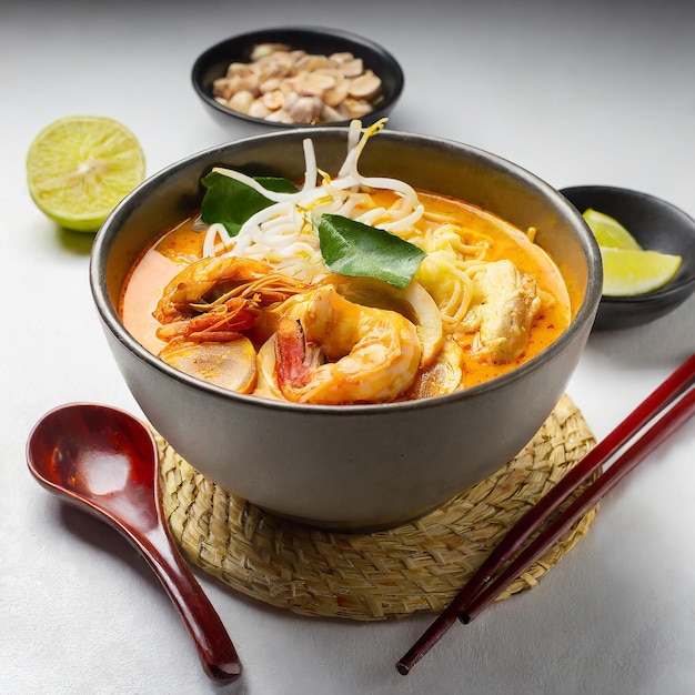 Sopa de camarão Laksa Sopa de camarão laksa em fundo preto vista de cima espaço de cópia comida asiática malaia