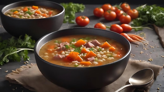 Sopa de cevada com cenouras tomate aipo e carne em um fundo escuro vista de cima