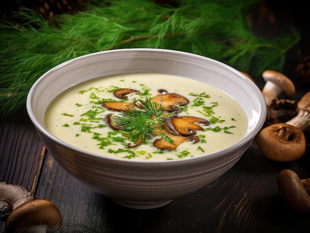 Sopa de cogumelos de creme com Porcini ou Bay Boletes em taça de restaurante branca Prato de cogumelos ecológicos selvagens