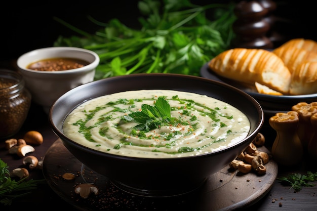 Sopa de cogumelos na mesa da cozinha fotografia profissional de publicidade de alimentos