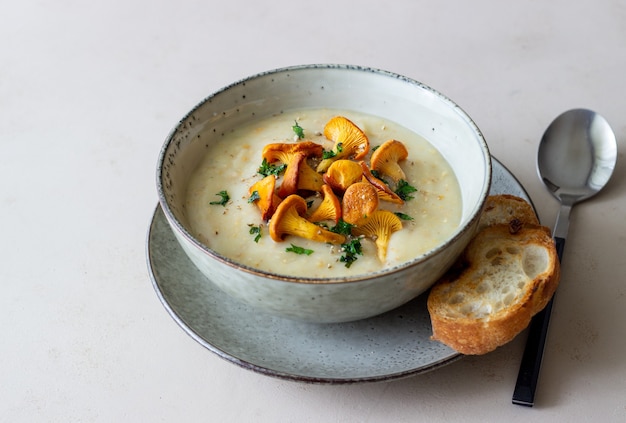 Sopa de creme com cogumelos chanterelles. Alimentação saudável. Comida vegetariana.