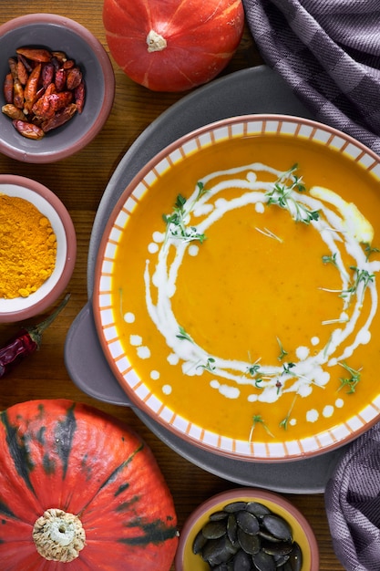 Sopa de creme de abóbora em tigela de cerâmica temperada com creme e agrião couve na madeira