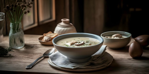 Sopa de creme de cogumelo em mesa de madeira gerada por IA