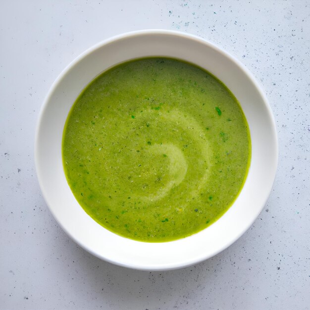 Foto sopa de creme vegetal verde em uma tigela branca sobre um fundo de concreto cinza vista superior purê de sopa vegana