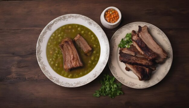 sopa de ervilha cozida com costelas fumadas num prato numa mesa de madeira