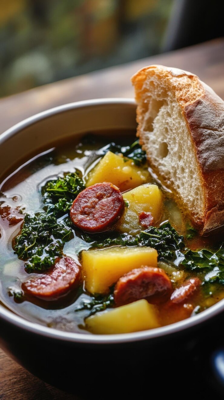 Foto sopa de espinafre verde com chorizo e baguete caldo verde torrado