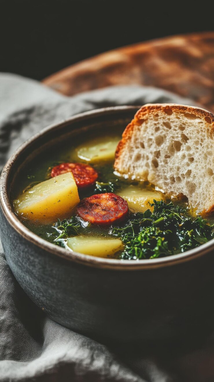 Foto sopa de espinafre verde com chorizo e baguete caldo verde torrado