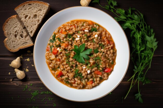 Sopa de farro um prato tradicional do Lazio Uma sopa saudável e espessa feita com vegetais de espelta Uma refeição de conforto saudável no inverno italiano