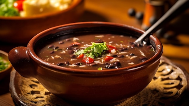 Foto sopa de feijão preto ao estilo cubano, saborosa e saborosa.