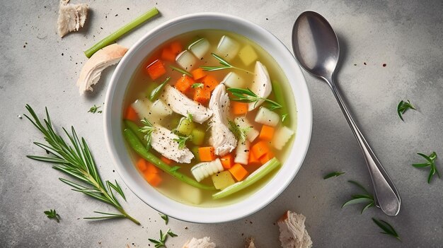 Sopa de frango com vegetais em tigela branca