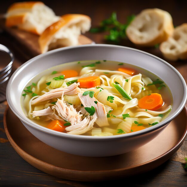 Foto sopa de frango em tigela branca com fotografia de comida de pão