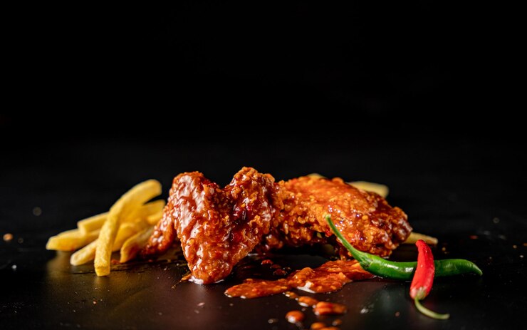 Sopa de frango quente e picante com ketchup e batatas fritas com fundo preto