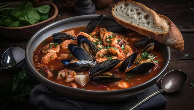 Sopa de frutos do mar recém cozida em louça rústica gerada por IA