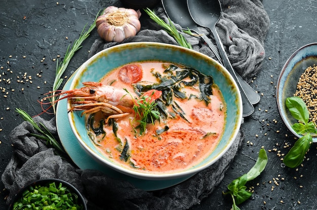 Sopa de frutos do mar Sopa de tomate com camarão em uma tigela sobre fundo de pedra preta Vista superior Estilo rústico