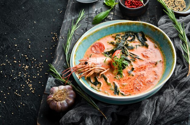 Sopa de frutos do mar Sopa de tomate com camarão em uma tigela sobre fundo de pedra preta Vista superior Estilo rústico