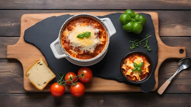 Sopa de lasanha caseira italiana com carne moída, massa de tomate, manjericão, alho e queijo