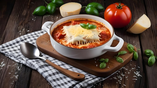 Sopa de lasanha caseira italiana com carne moída, massa de tomate, manjericão, alho e queijo