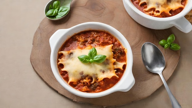 Sopa de lasanha caseira italiana com carne moída, massa de tomate, manjericão, alho e queijo