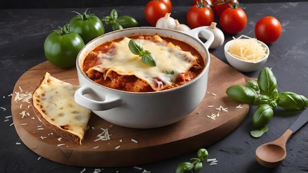 Sopa de lasanha caseira italiana com carne moída, massa de tomate, manjericão, alho e queijo