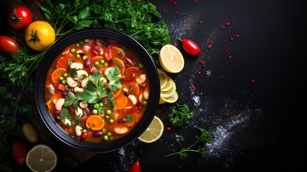 Sopa de legumes coloridos e feijão branco no escuro