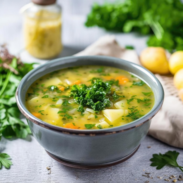 Sopa de legumes com salsa em uma tigela sobre um foco seletivo de fundo de madeira