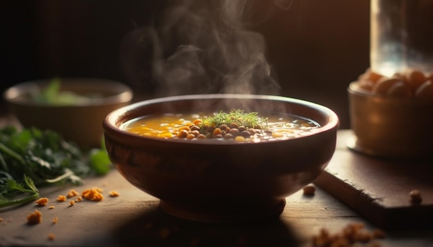 Sopa de legumes cozida na hora em mesa rústica gerada por IA