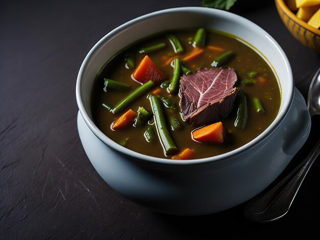 Sopa de legumes saudável cozida com carne fresca por Generative AI