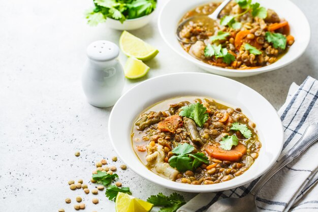 Sopa de lentilha com vegetais em uma placa branca, fundo branco. Alimentos à base de plantas, comer limpo.